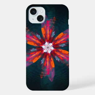 フローラマンダラフラワーオレンジレッドブルー抽象芸術 iPhone 15 PLUSケース