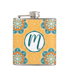 フローラマンダラータイルinオレンジ&ティール（緑がかった色） フラスク