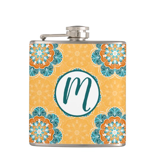 フローラマンダラータイルinオレンジ&ティール（緑がかった色） フラスク (正面)