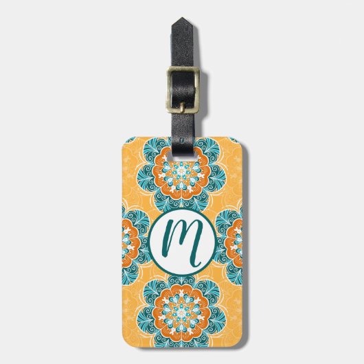 フローラマンダラータイルinオレンジ&ティール（緑がかった色） ラゲッジタグ (正面縦)