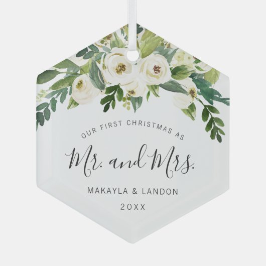 フローラミスターとミセス写真の私たちの初めてのクリスマス ガラスオーナメント (正面)