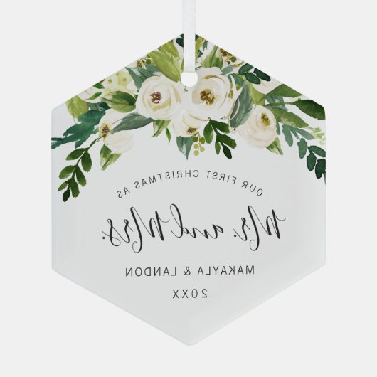 フローラミスターとミセス写真の私たちの初めてのクリスマス ガラスオーナメント (裏面)