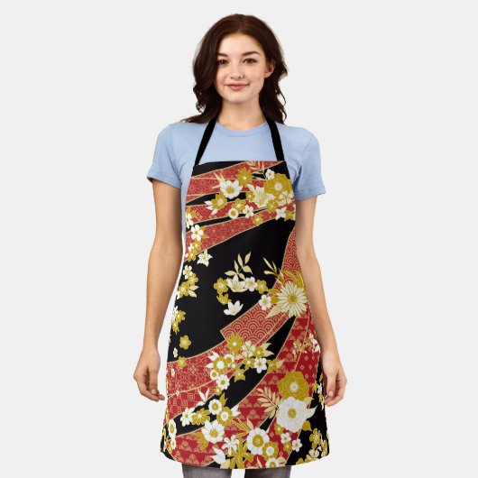 フローラミックス着物パターン エプロン (着用した状態)