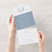 フローラミニマルダスティブルークレストモノグラム結婚ズ オールインワン招待状 (貼ってはがせる)