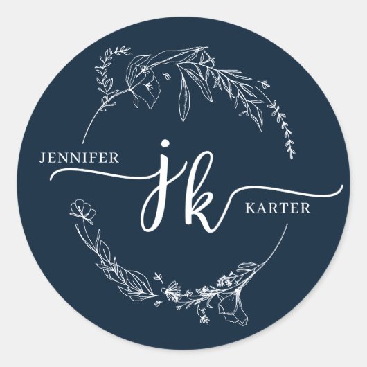 フローラミニマルリースネイビーブルーモノグラム結婚ズ ラウンドシール (正面)