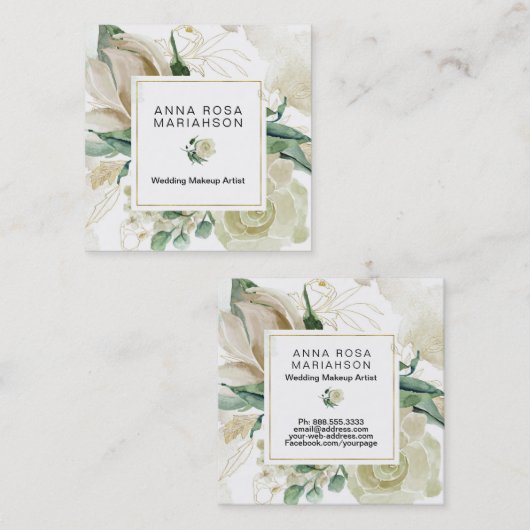 *~*フローラミュートされた水色金ゴールドのアウトライン スクエア名刺 (正面/裏面)