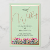 フローラミントグリーンバラゴールドフォイルウェディング招待 箔シーズンカード (正面)