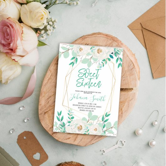 フローラミントブルーSweet sixteen誕生日招待状 招待状