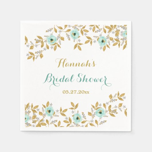 フローラミント金ゴールドリースブライダルシャワーナプキンス スタンダードカクテルナプキン (正面)