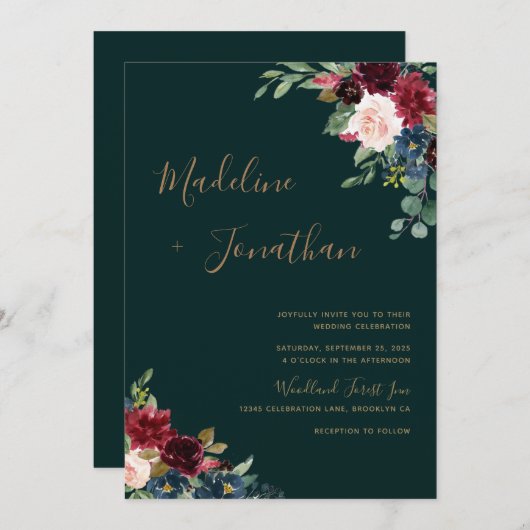 フローラムーディエメラルドグリーンジュエルト結婚ーン 招待状 (正面/裏面)