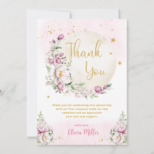 フローラムーンピンクの赤ちゃんシャワー サンキューカード (正面)