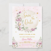 フローラムーンピンク赤ちゃんシャワー日付カードを保存 招待状 (正面)