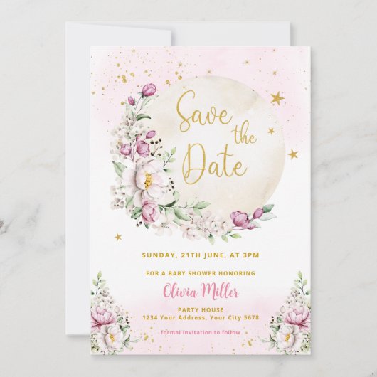 フローラムーンピンク赤ちゃんシャワー日付カードを保存 招待状 (正面)