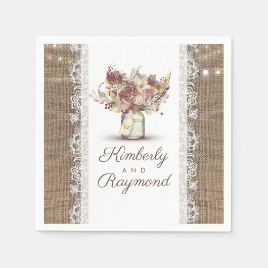 フローラメイスンジャーとバーラップ素朴レース結婚ズ スタンダードカクテルナプキン (正面)