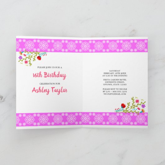 フローラメキシコのフィエスタ白とピンクスイート16 招待状 (内部)