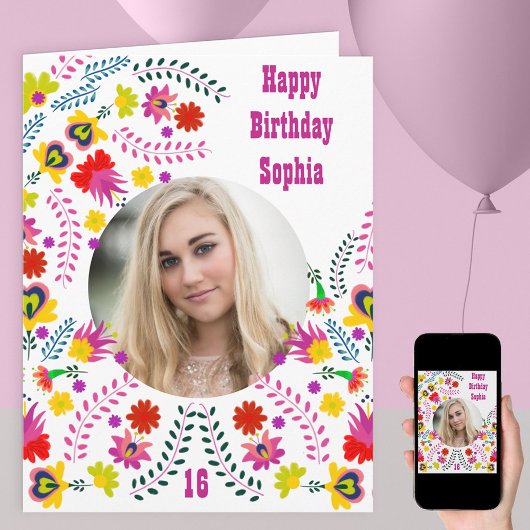 フローラメキシコフォークアートAny Ageフォト誕生日 カード