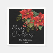 フローラメリークリスマスホリデーポインセティアブラック スタンダードカクテルナプキン (正面)