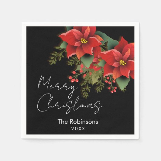 フローラメリークリスマスホリデーポインセティアブラック スタンダードカクテルナプキン (正面)