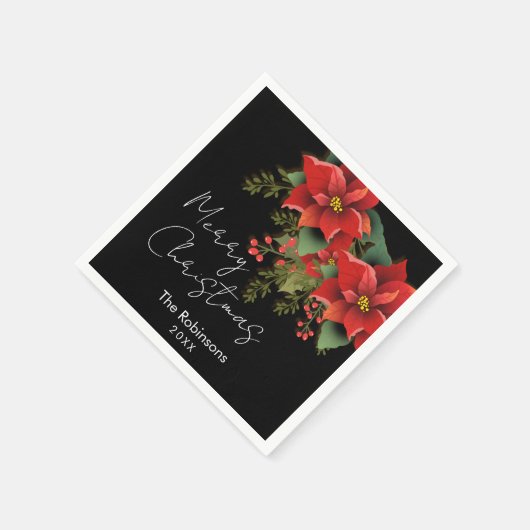 フローラメリークリスマスホリデーポインセティアブラック スタンダードカクテルナプキン (角)