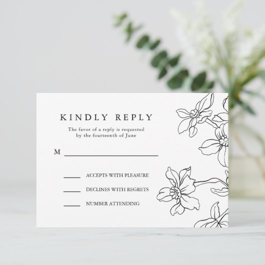 フローラモダンの白黒の応答結婚、 出欠カード (スタンド正面)