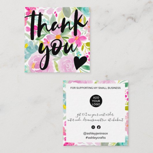 フローラモダンをピンクで感謝してい表示 スクエア名刺 (正面/裏面)