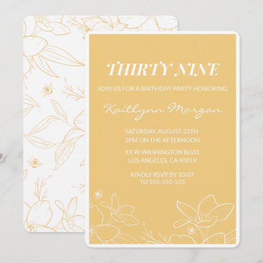 フローラモダンイエロー39歳の誕生日招待状 招待状 (正面/裏面)