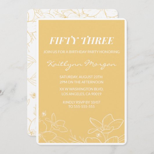 フローラモダンイエロー53歳の誕生日招待状 招待状 (正面/裏面)