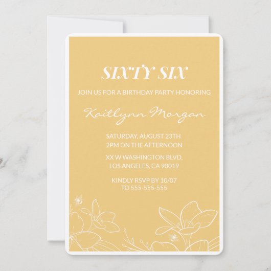 フローラモダンイエロー66歳の誕生日招待状 招待状 (正面)