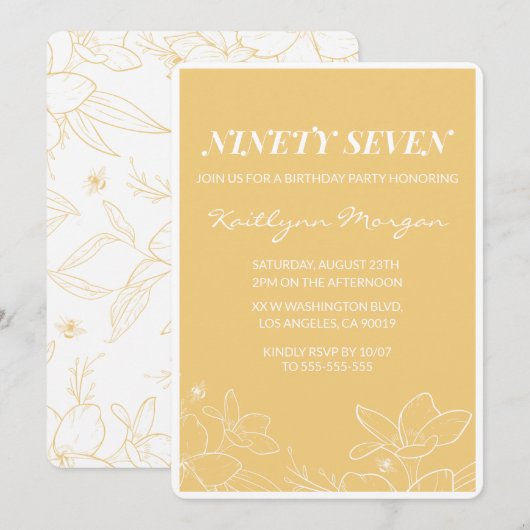 フローラモダンイエロー97歳の誕生日招待状 招待状 (正面/裏面)
