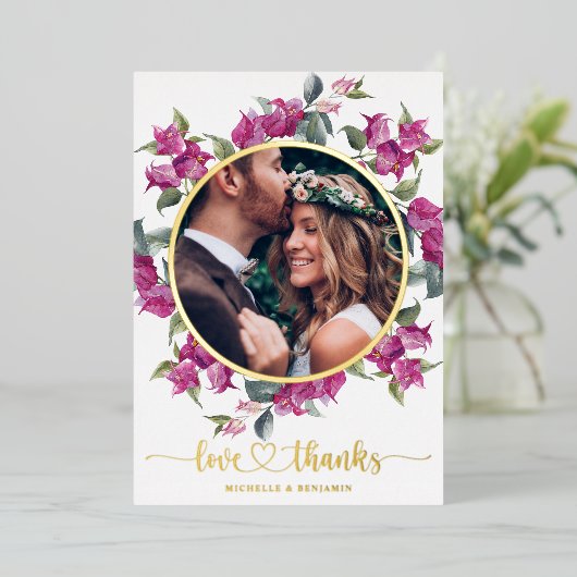 フローラモダンエレガントな結婚式ありがとうフォトカード 箔招待状 (立ち正面)