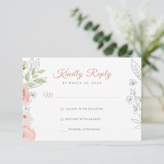 フローラモダンエレガント素朴結婚水色 出欠カード (スタンド正面)