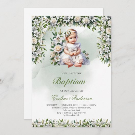 フローラモダンガールバプテスマ招待 招待状 (正面/裏面)