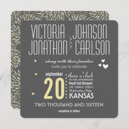 フローラモダンキクの灰色と黄色 招待状 (正面/裏面)