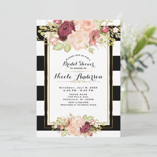 フローラモダングラム白黒ストライプブライダル 招待状 (スタンド正面)