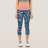 フローラモダンコーラル、ネイビー、ミントグリーンパターン（の模様が）ある カプリレギンス (正面)