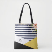 フローラモダンゴールドフォイル&ネイビーブルーストライプスタイル トートバッグ (正面)