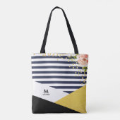 フローラモダンゴールドフォイル&ネイビーブルーストライプスタイル トートバッグ (裏面)