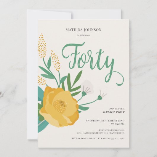フローラモダンサプライズ40歳の誕生日パーティー 招待状 (正面)