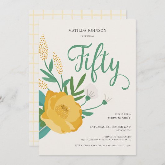 フローラモダンサプライズ50th誕生日パーティー 招待状 (正面/裏面)