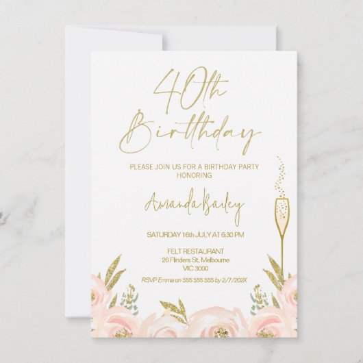 フローラモダンシャンパングラス40歳の誕生日 招待状 (正面)