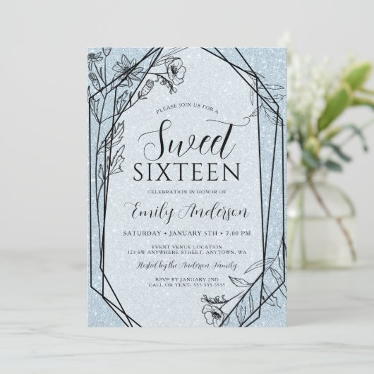 フローラモダンダスティブルーグリッタースウィート16 招待状 (スタンド正面)