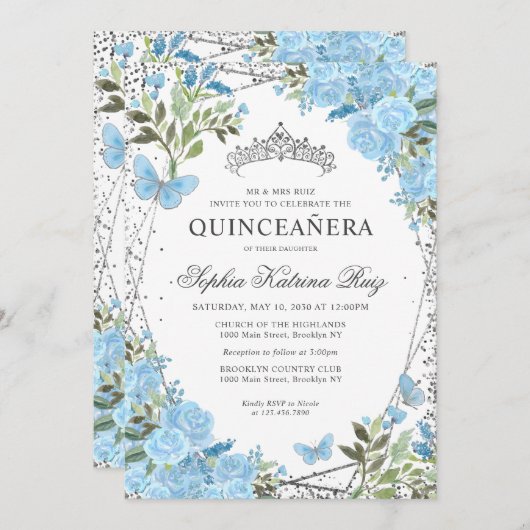 フローラモダンダスティブルーシルバーティアラキンセアニラ 招待状 (正面/裏面)