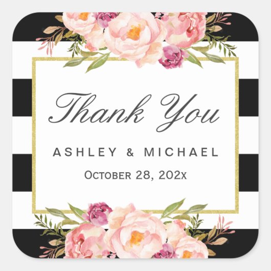 フローラモダンデコール白黒ストライプサンキュー スクエアシール (正面)