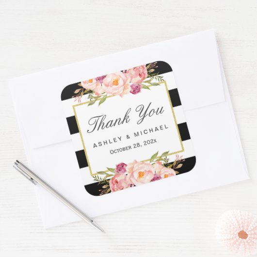 フローラモダンデコール白黒ストライプサンキュー スクエアシール (封筒)