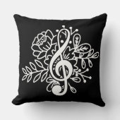 フローラモダントレブルクレフ、 音符記号ブラックミュージックラバーズ クッション (正面)
