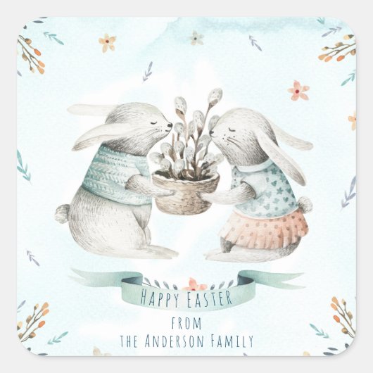 フローラモダンハッピーイースターウィッシュボホバニー スクエアシール (正面)