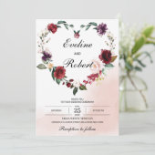 フローラモダンハートブルゴーニュ及び赤面ピンクの花 招待状 (スタンド正面)
