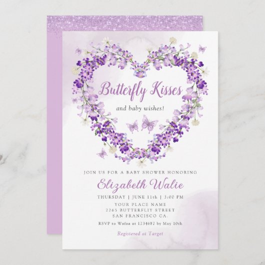 フローラモダンバタフライキスガールベビーシャワー 招待状 (正面/裏面)