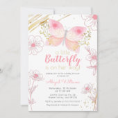 フローラモダンバタフライピンク金ゴールドガールベビーシャワー 招待状 (正面)