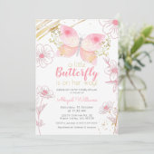 フローラモダンバタフライピンク金ゴールドガールベビーシャワー 招待状 (スタンド正面)